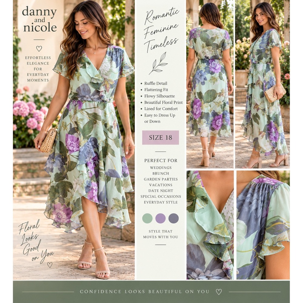 Floral Faux Wrap Dress Green Purple Ruffle Sz 18 Romantic Garden Party Feminine
